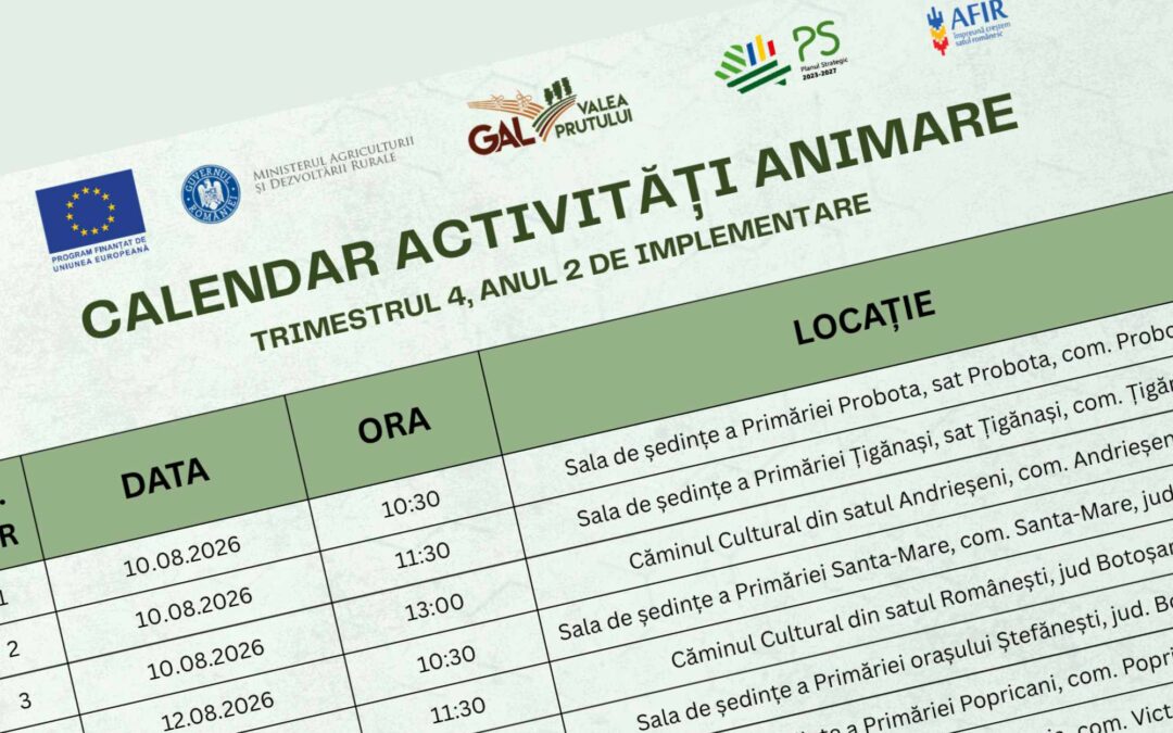 Gal Valea Prutului Calendar evenimente august 2026, fonduri europene prin GAL-uri